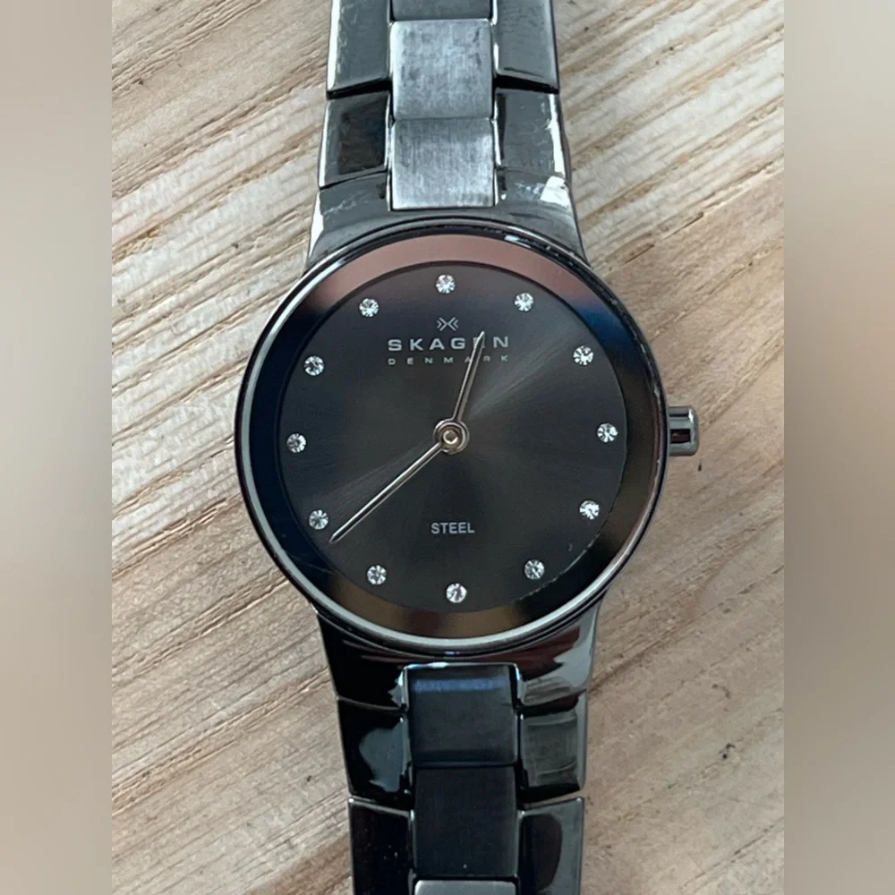 Skagen Steel Ladies Watch Black Dial Crystal Markers Black Stainless Bracelet